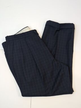 Riviera Wool Navy Blue Plaid Pleated Pants